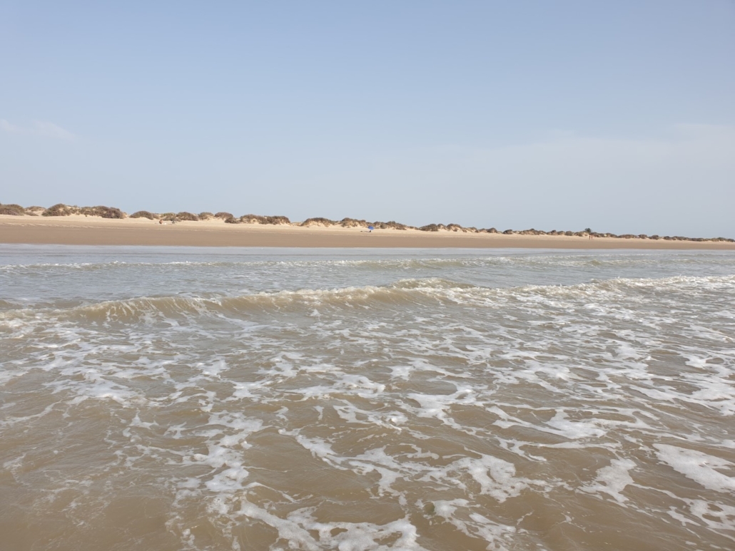 Der Playa de Levante mit bewachsenen Dünen in Puerto de Santa María, Cádiz.